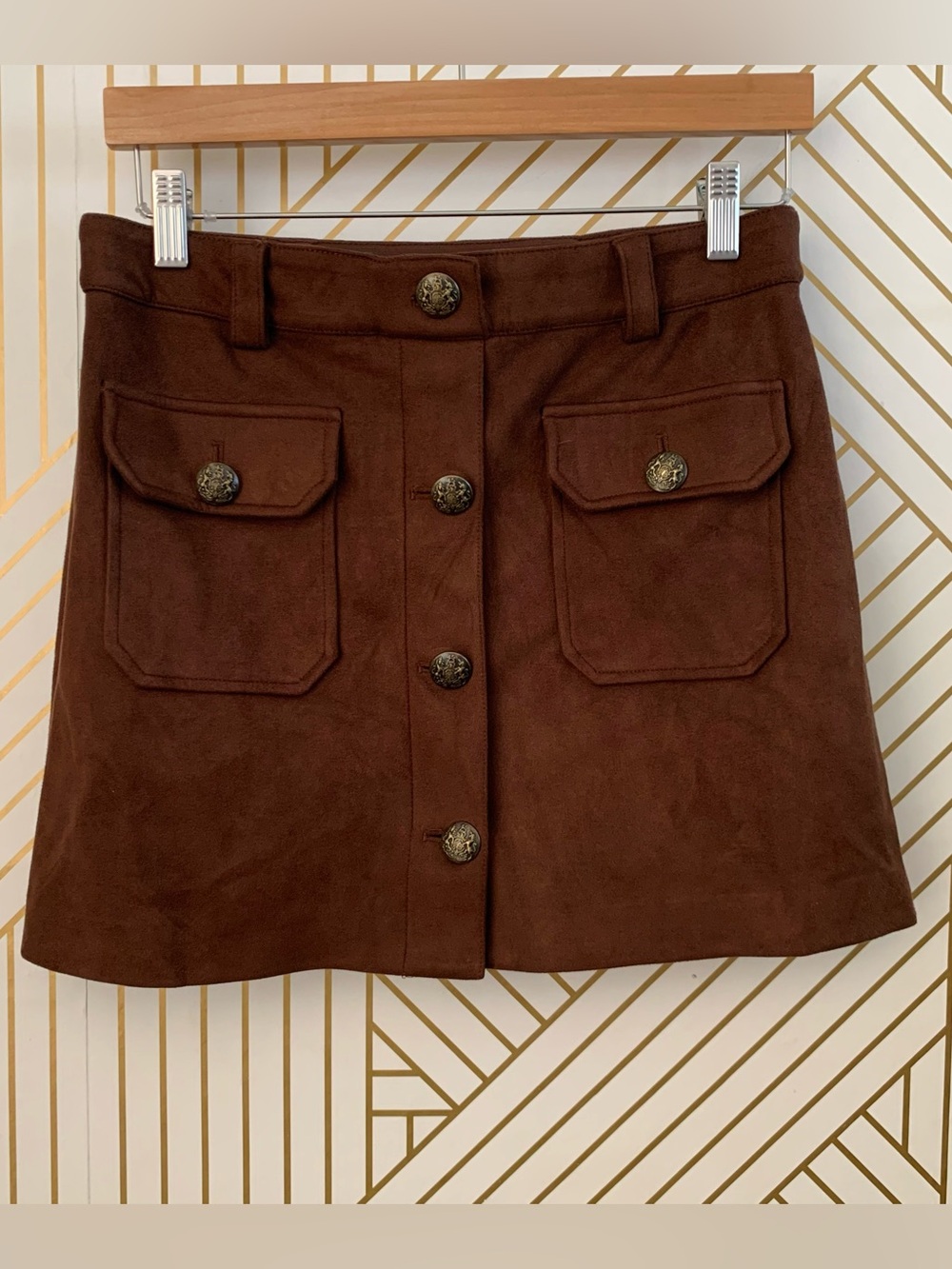 Joie military inspired Vegan Suede Button Front Mini Skirt pockets preppy 4